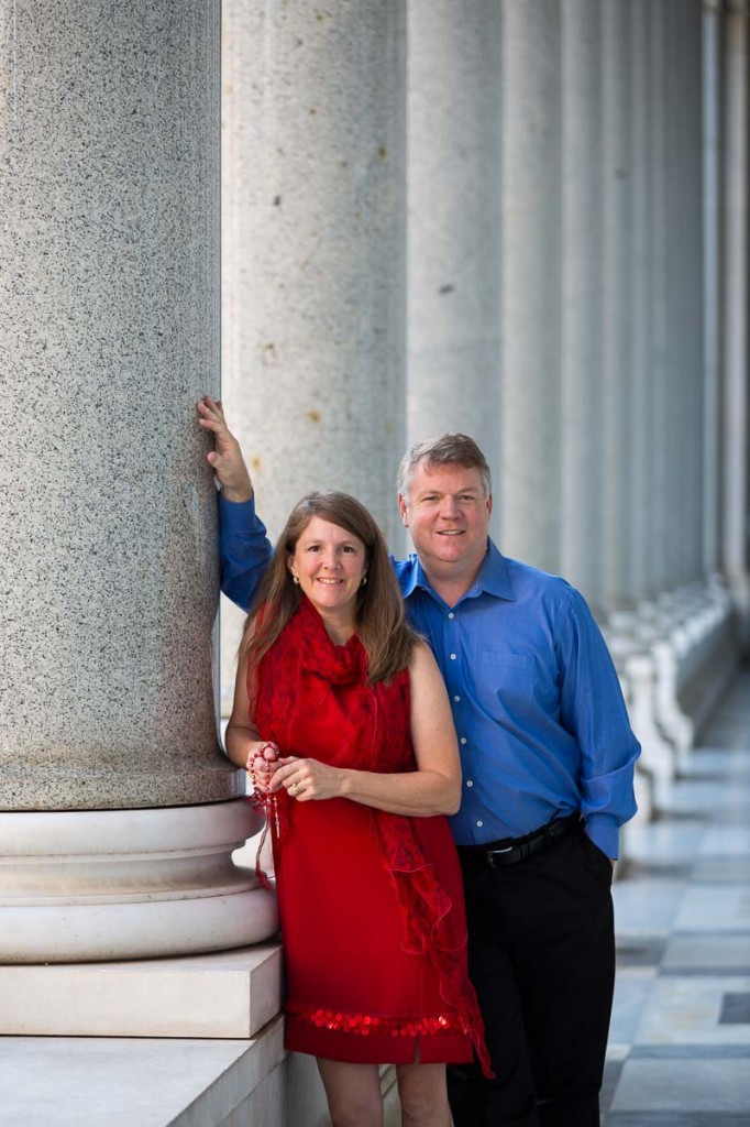 Picture of a visitors underneath columns.