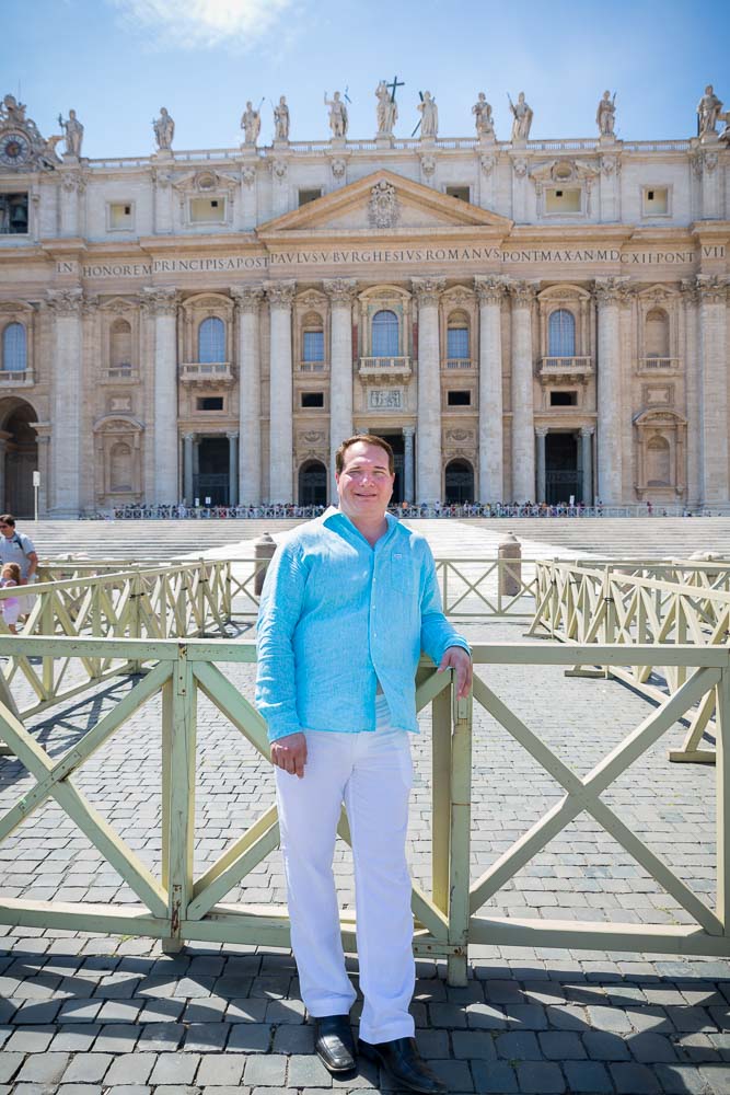 Portrait picture taken with St Peter Church in the background