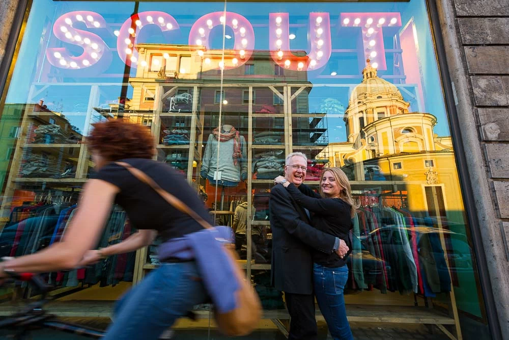 Holiday Photo shoot in front of a store in Rome.