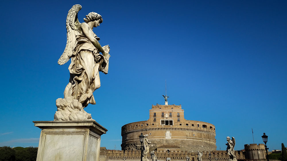 Panoramic picture of Castel Sant'Angelo bridge in Rome Italy