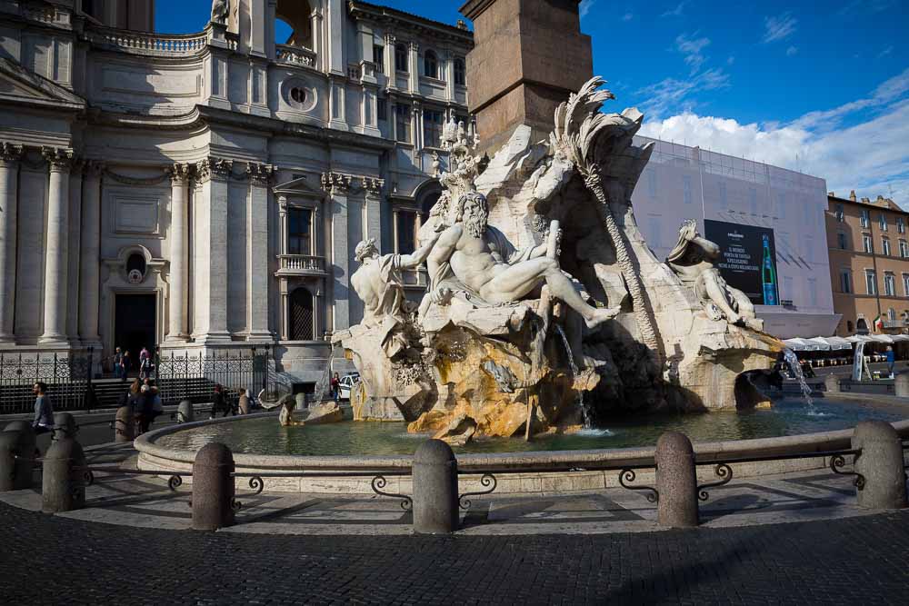 Four rivers water fountain found in Piazza Navona in Rome Italy