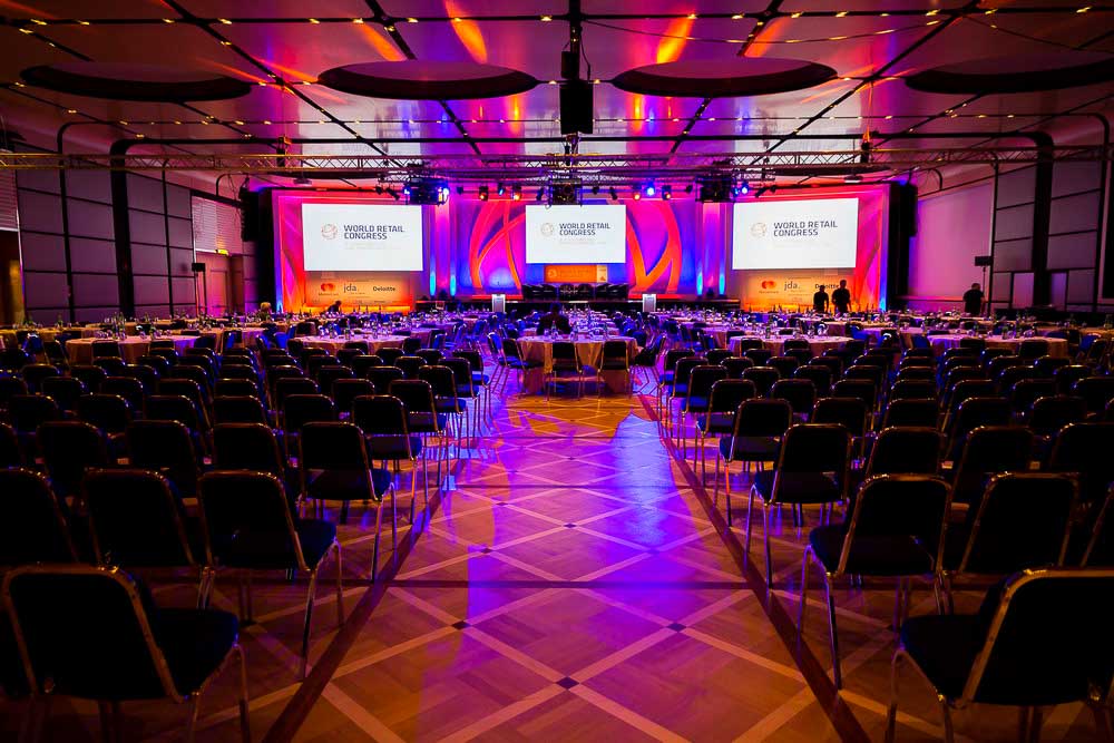 World retail congress hall and stage. Professional photography service and photo retouch.