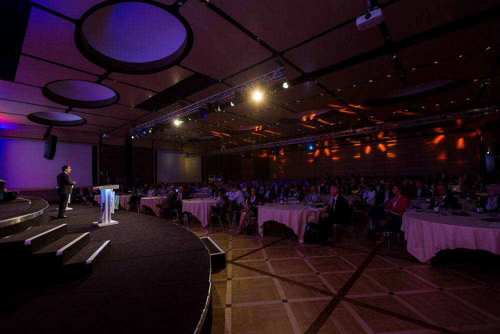 Photo of the stage taken from the side of the congress event at Rome Cavalieri