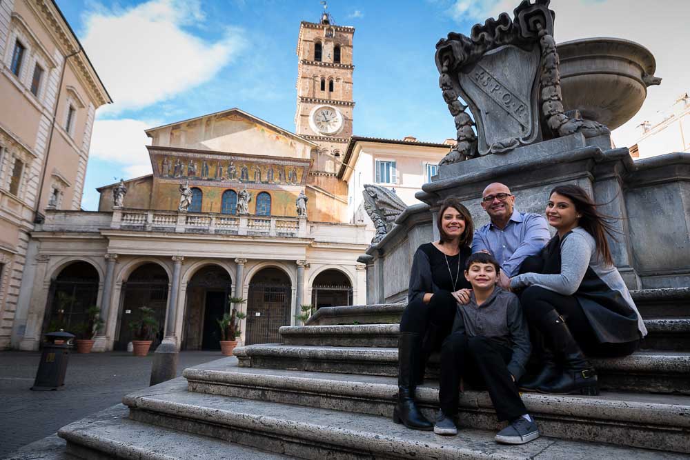 Piazza and Basilica Santa Maria in Trastevere family photo shoot in Rome Italy