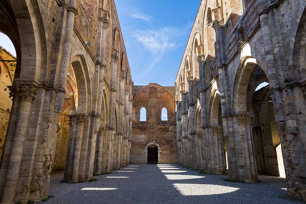 Interior image of the Abbey of San Galgano found in Tuscany Italy