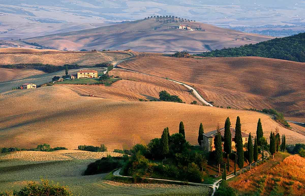 Tuscany rolling hill view. Tuscan countryside view from above